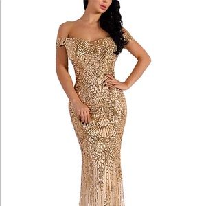 Off the Shoulder Gold sequined formal gown